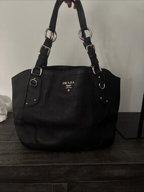 Prada Black Pebbled Leather Double-Handle Tote with Gold-Tone Hardware